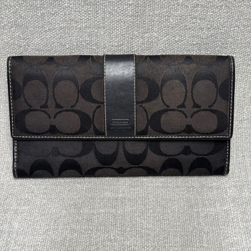 Coach Vintage Signature Monogram‎ Slim Envelope Wallet Brown Canvas Leather Trim